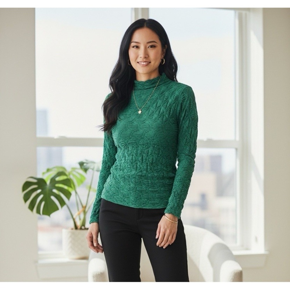Maeve Anthropologie Kelly Green Textured Mock Neck Shirt Size Large Long Sleeve